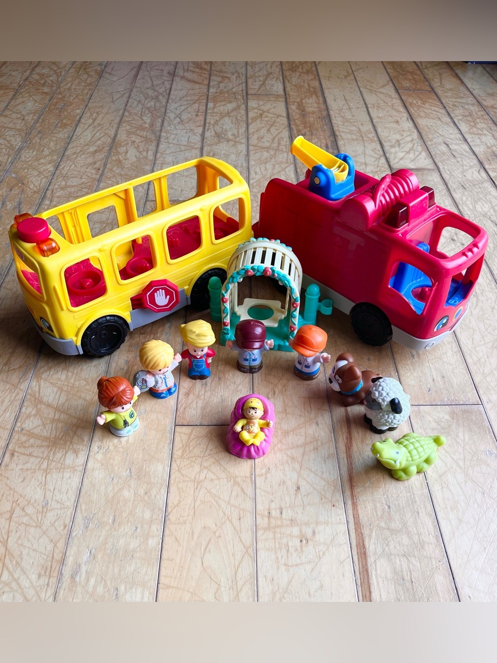 Little People Fisher-Price School Bus & Fire Truck Playset Lot with Characters
